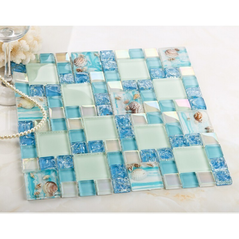 blue crackle glass mosaic tiles kitchen backsplash wall bathroom shower resin glass tile conch designs decor