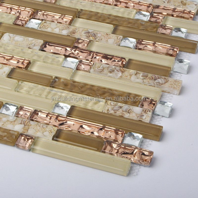 Crystal Glass Diamond Mosaic Resin Conch Tile Rose Gold Wave Backsplash Brown and Beige Tiles--glass tiles