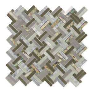 Grey basketweave glass mix stone resin glossy and frosted mosaic tiles