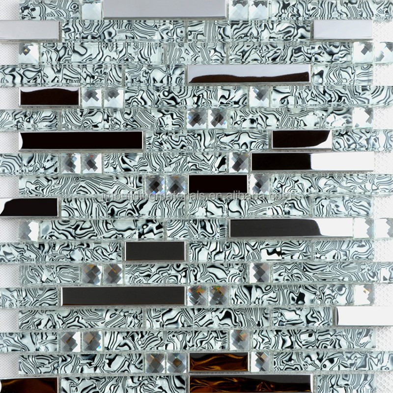 304 Stainless Steel Sheet Metal and Crystal Glass Blend Mosaic Diamond Tiles Metallic Backsplash