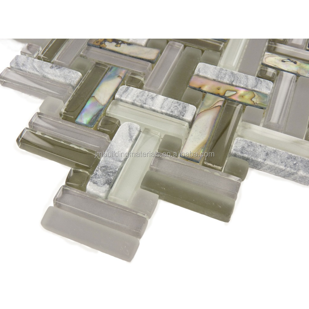 Grey basketweave glass mix stone resin glossy and frosted mosaic tiles