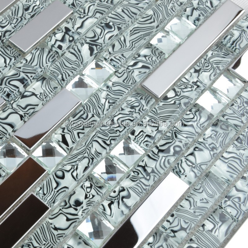 304 Stainless Steel Sheet Metal and Crystal Glass Blend Mosaic Diamond Tiles Metallic Backsplash