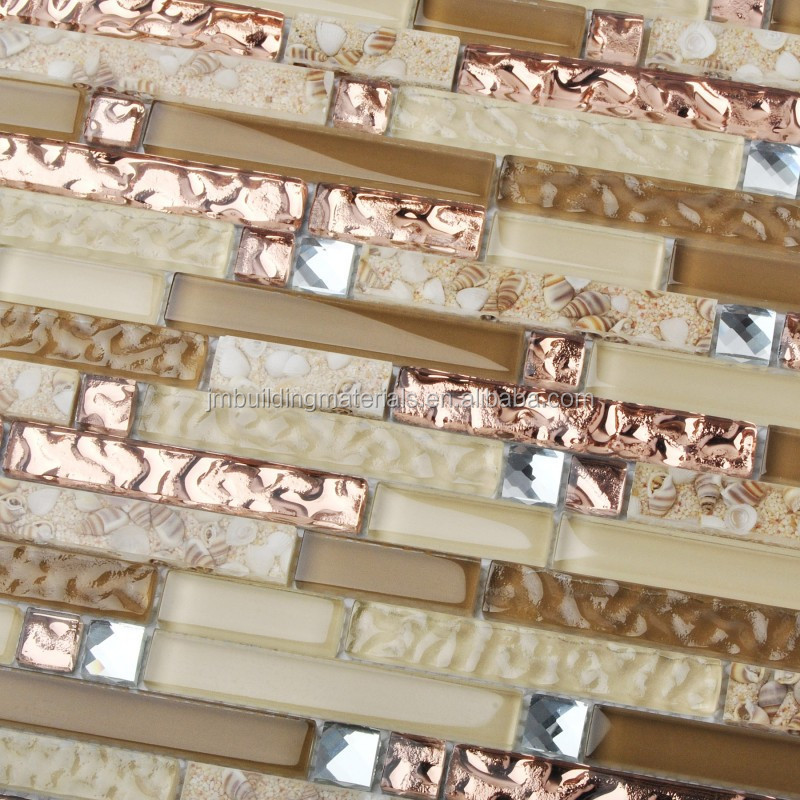 Crystal Glass Diamond Mosaic Resin Conch Tile Rose Gold Wave Backsplash Brown and Beige Tiles--glass tiles