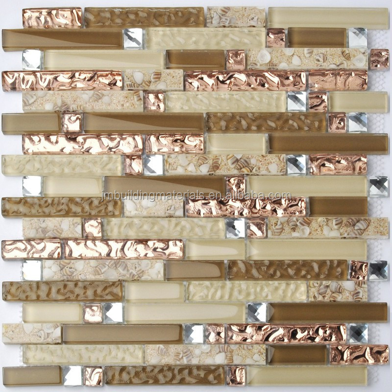 Crystal Glass Diamond Mosaic Resin Conch Tile Rose Gold Wave Backsplash Brown and Beige Tiles--glass tiles