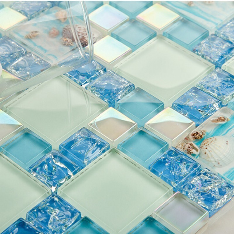 blue crackle glass mosaic tiles kitchen backsplash wall bathroom shower resin glass tile conch designs decor