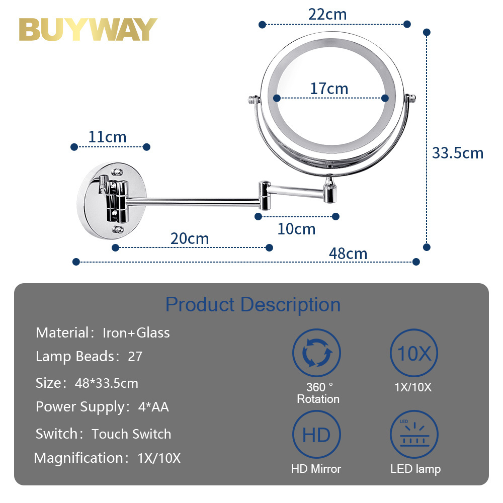 Makeup Mirror Battery Led Light Round Bathroom Mirror for Hotel Home 360 Rotation 10X 27pcs SMD LED Lights