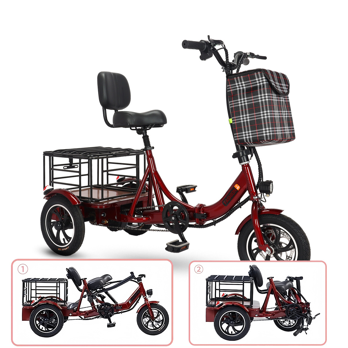 48V Adults City Mini Height Adjustable Folding Electric Cargo Tricycle with Back Seat