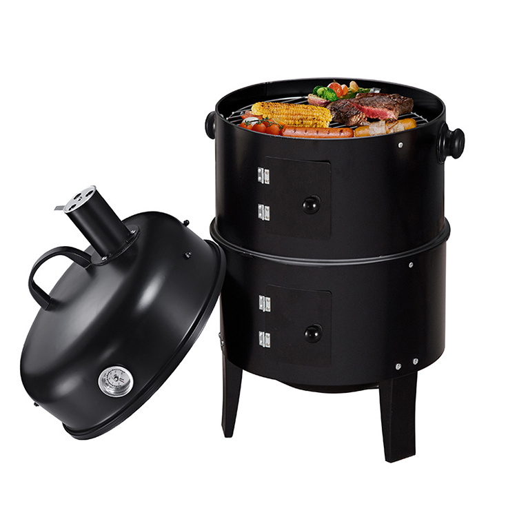 3-in-1 Outdoor Durable Stainless Steel BBQ Stove Smoker Factory Outlet Smokeless Charcoal Grill with Thermometer