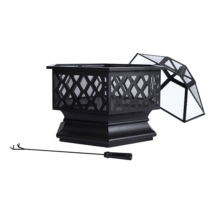 T Outdoor Fireplace Metal Firepit Square Table Backyard Patio Garden Stove Wood Burning Fire Pit with Spark Screen