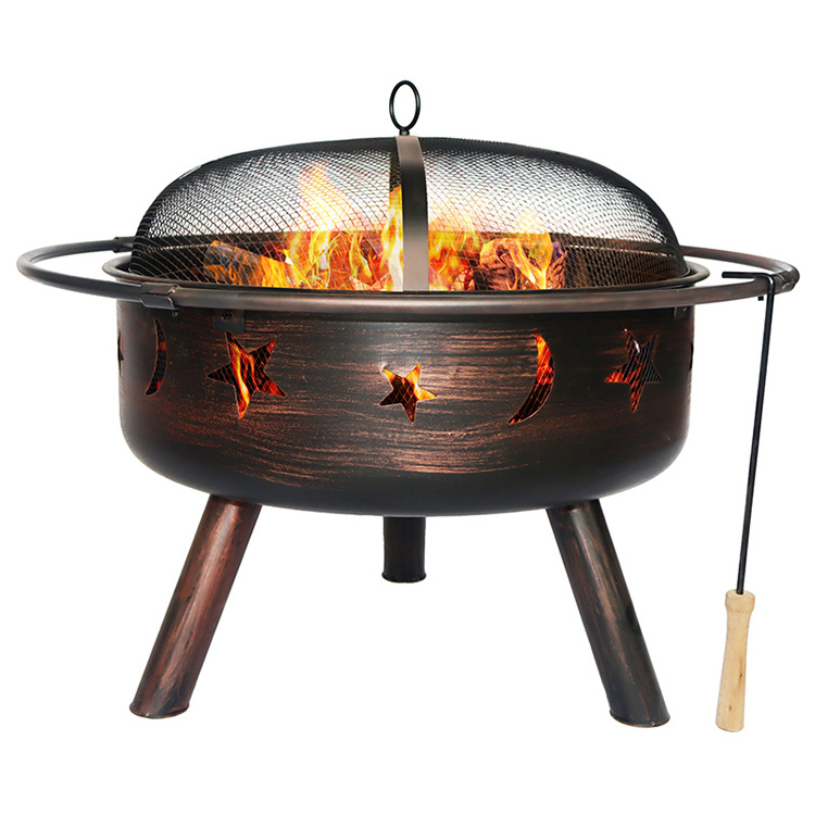 Large Steel Round Fire Bowl Fireplace Charcoal Wood Burning Fire Pit with Mesh Cover