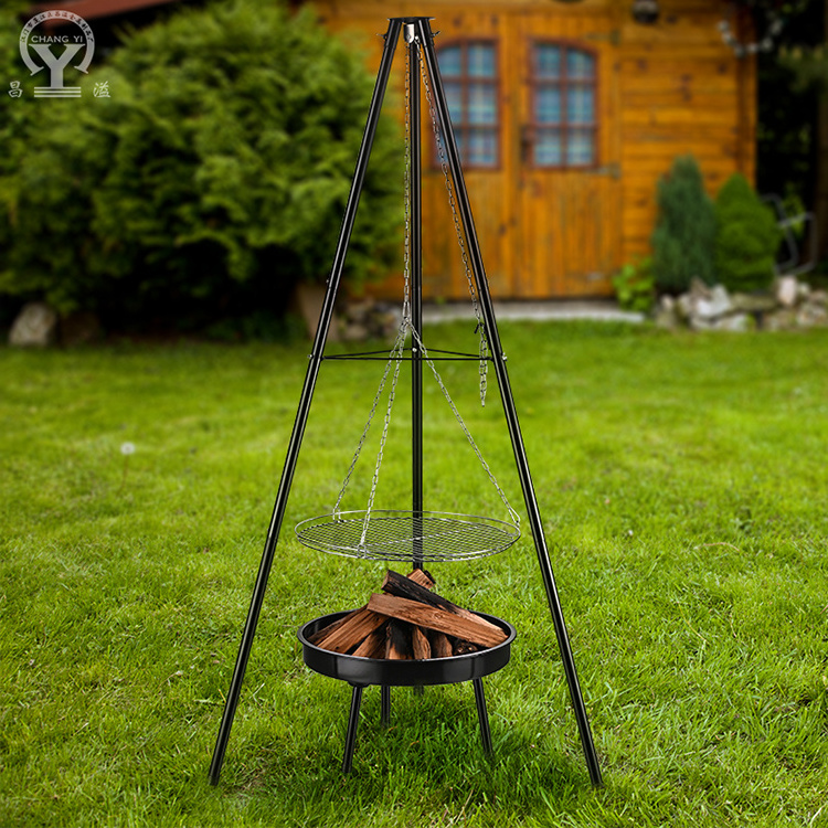 Adjustable Height Portable Barbecue Firepit Hanging Tripod Charcoal Camping BBQ Grill