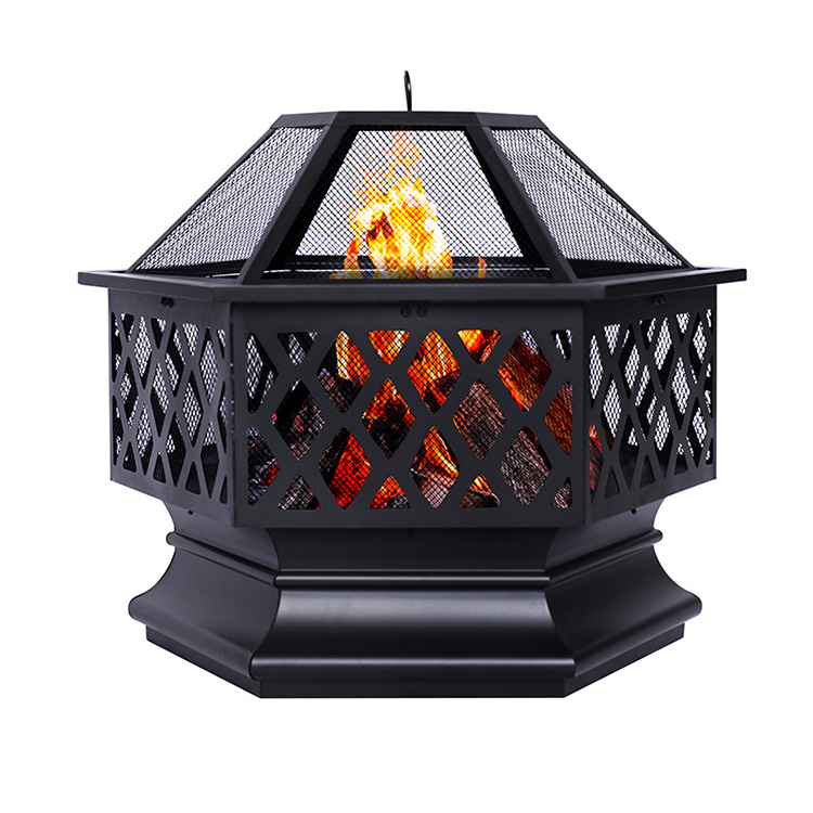 T Outdoor Fireplace Metal Firepit Square Table Backyard Patio Garden Stove Wood Burning Fire Pit with Spark Screen