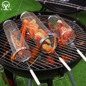 Round Portable Grill Baskets stainless steel metal net tube bbq barbecue basket cylinder rolling grilling basket