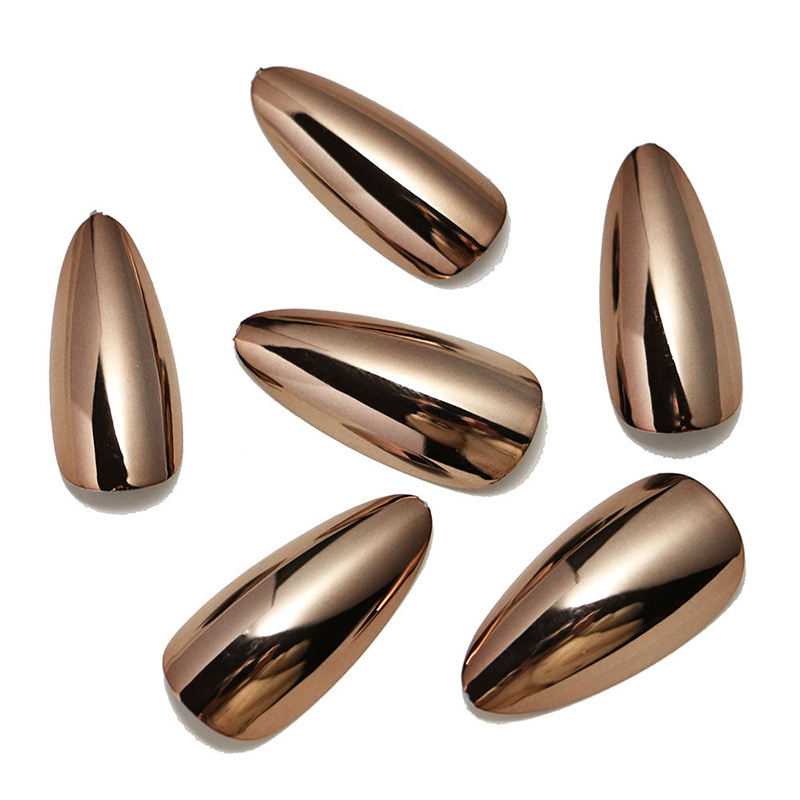 Hot Selling Gold Metallic Mirror Long Almond Full Cover Repeatable Self Adhesive Press On Nails Waterproof Custom False Nails