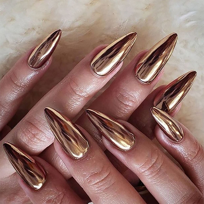 Hot Selling Gold Metallic Mirror Long Almond Full Cover Repeatable Self Adhesive Press On Nails Waterproof Custom False Nails