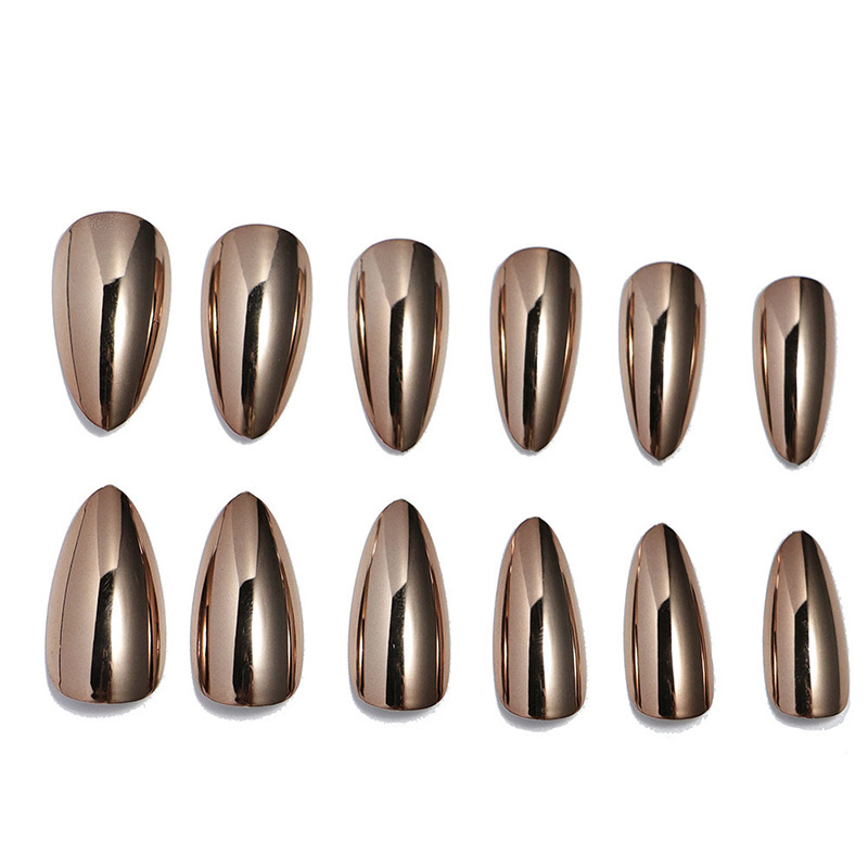 Hot Selling Gold Metallic Mirror Long Almond Full Cover Repeatable Self Adhesive Press On Nails Waterproof Custom False Nails