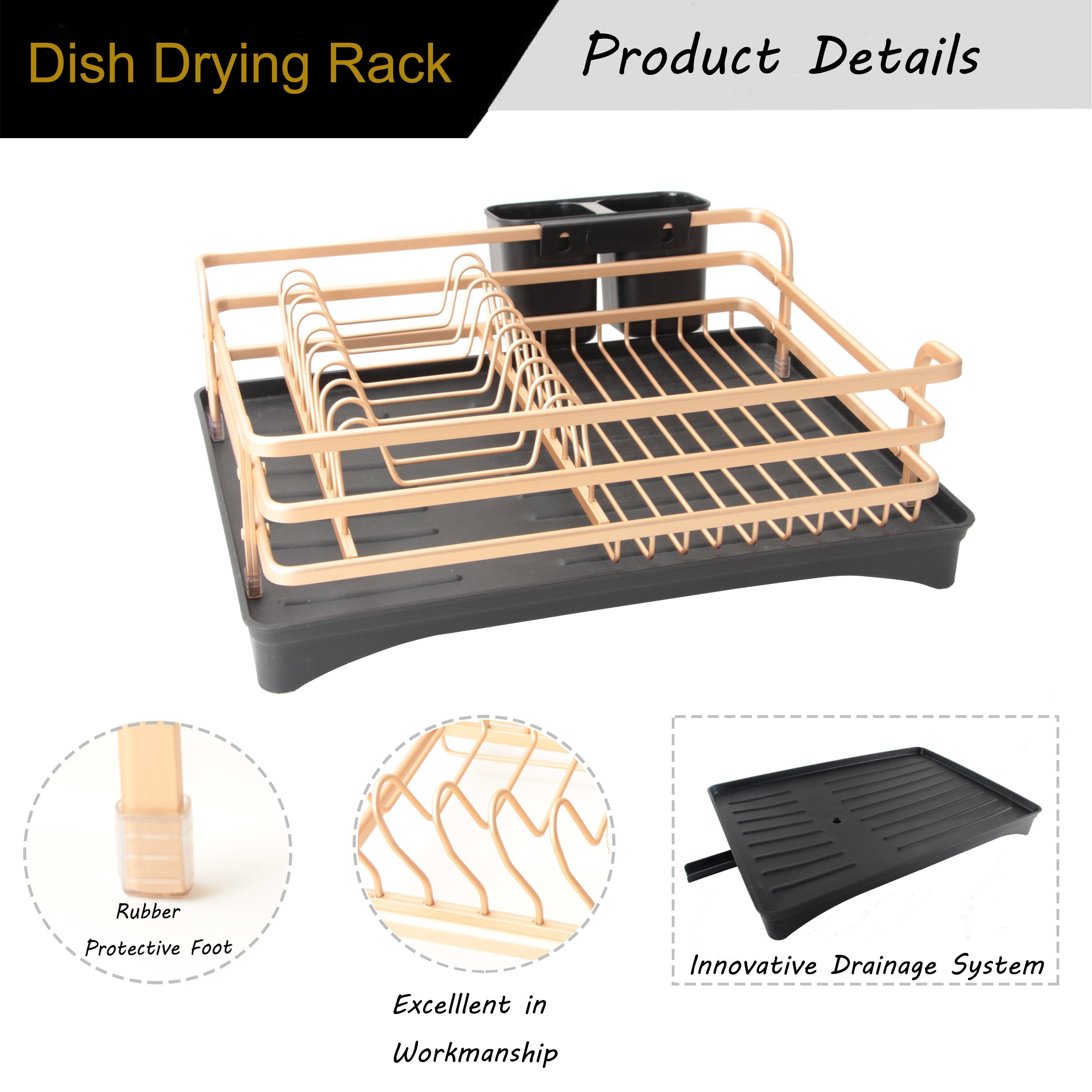 Kitchen Countertop Aluminum Rose Gold Rustproof Sink Dish Drainer Drying Rack