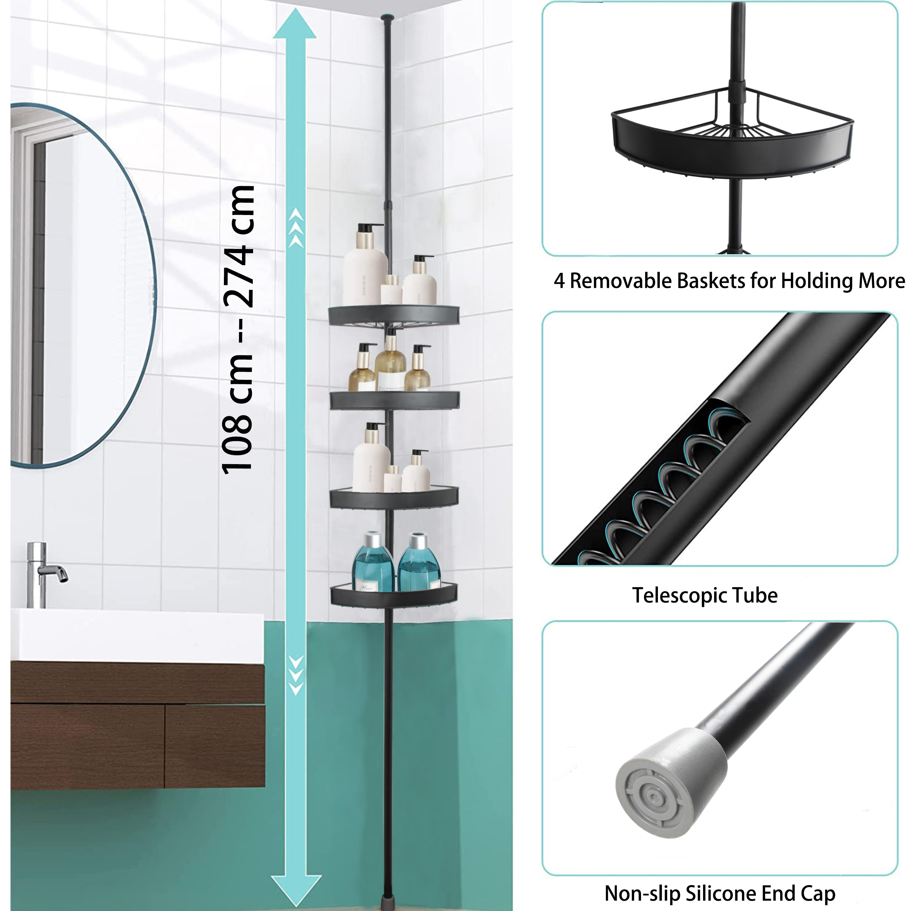 Brand New Hotel Modern Wall Mount Bathroom Storage Rack Shelf Holders 4 Tier Corner Shelf Tension Pole Shower Caddy