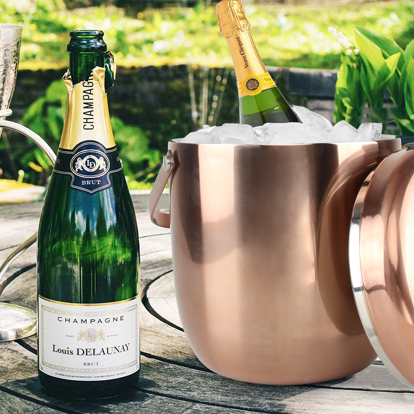 Wholesales Stainless Steel Metal Double Walled Insulated Sparkling Wine Beer Gold Ice Bucket with tongs and Lid