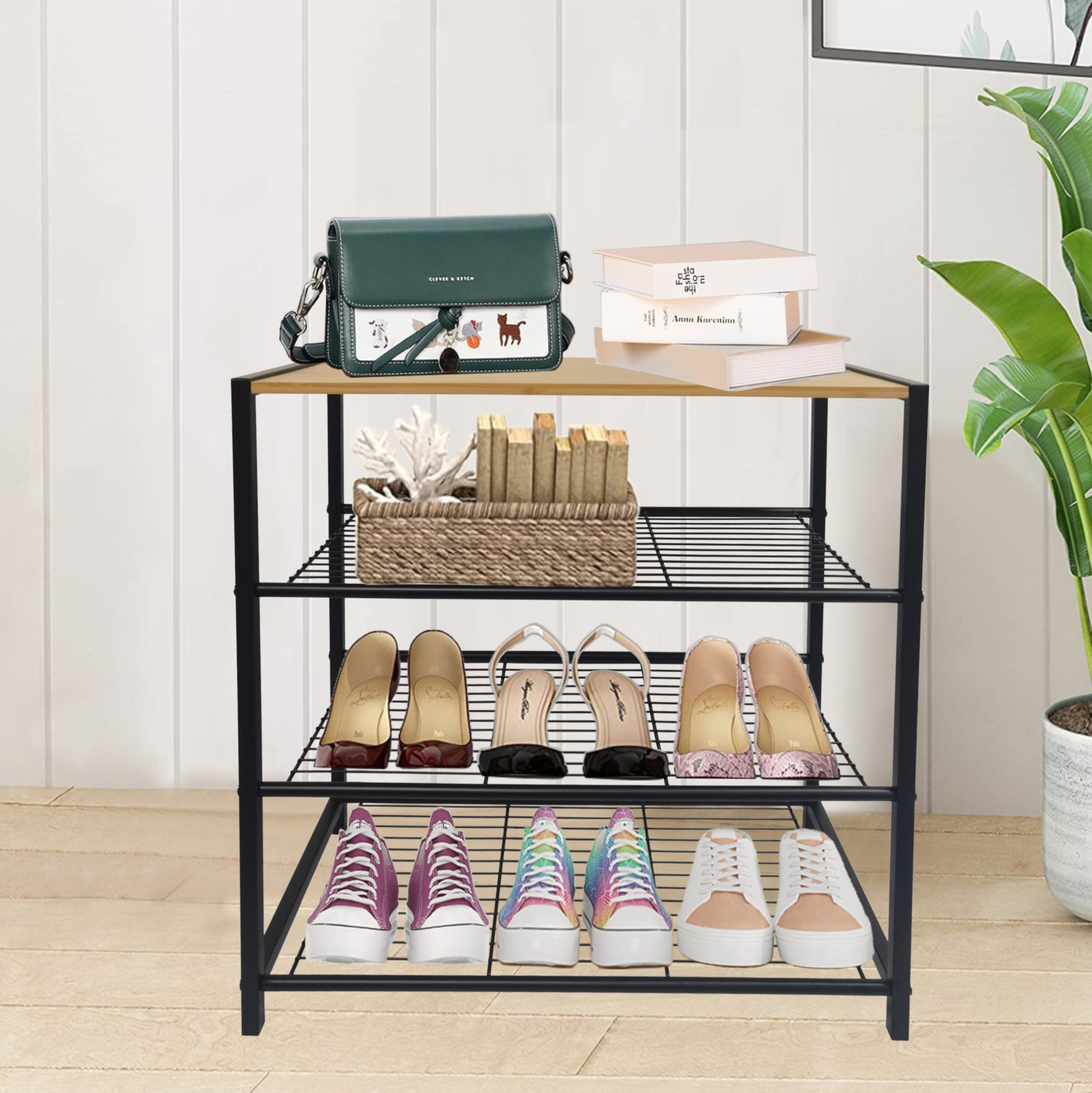 New Product 4 Tier Metal Shoe Stand Storage Display Shelf Rack with Bamboo Board Shoe Rack