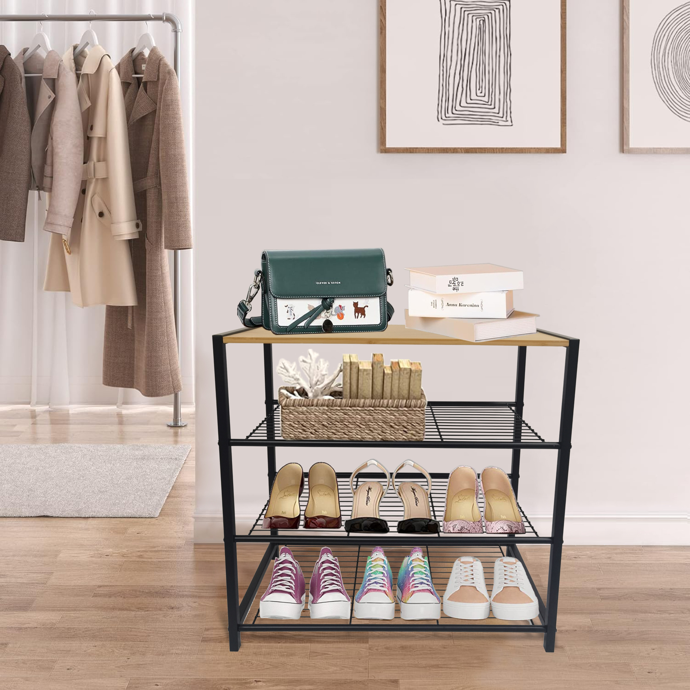 New Product 4 Tier Metal Shoe Stand Storage Display Shelf Rack with Bamboo Board Shoe Rack