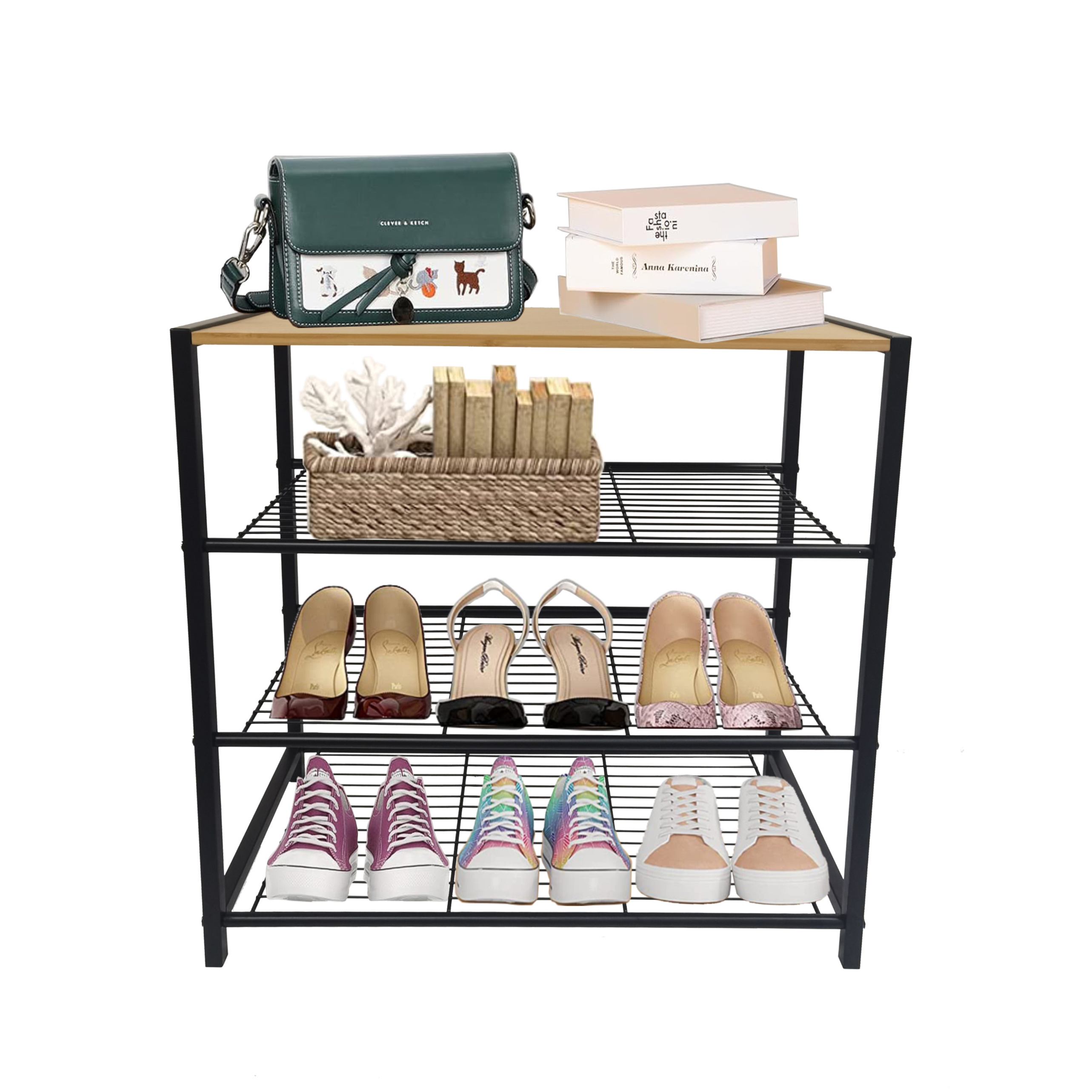 New Product 4 Tier Metal Shoe Stand Storage Display Shelf Rack with Bamboo Board Shoe Rack