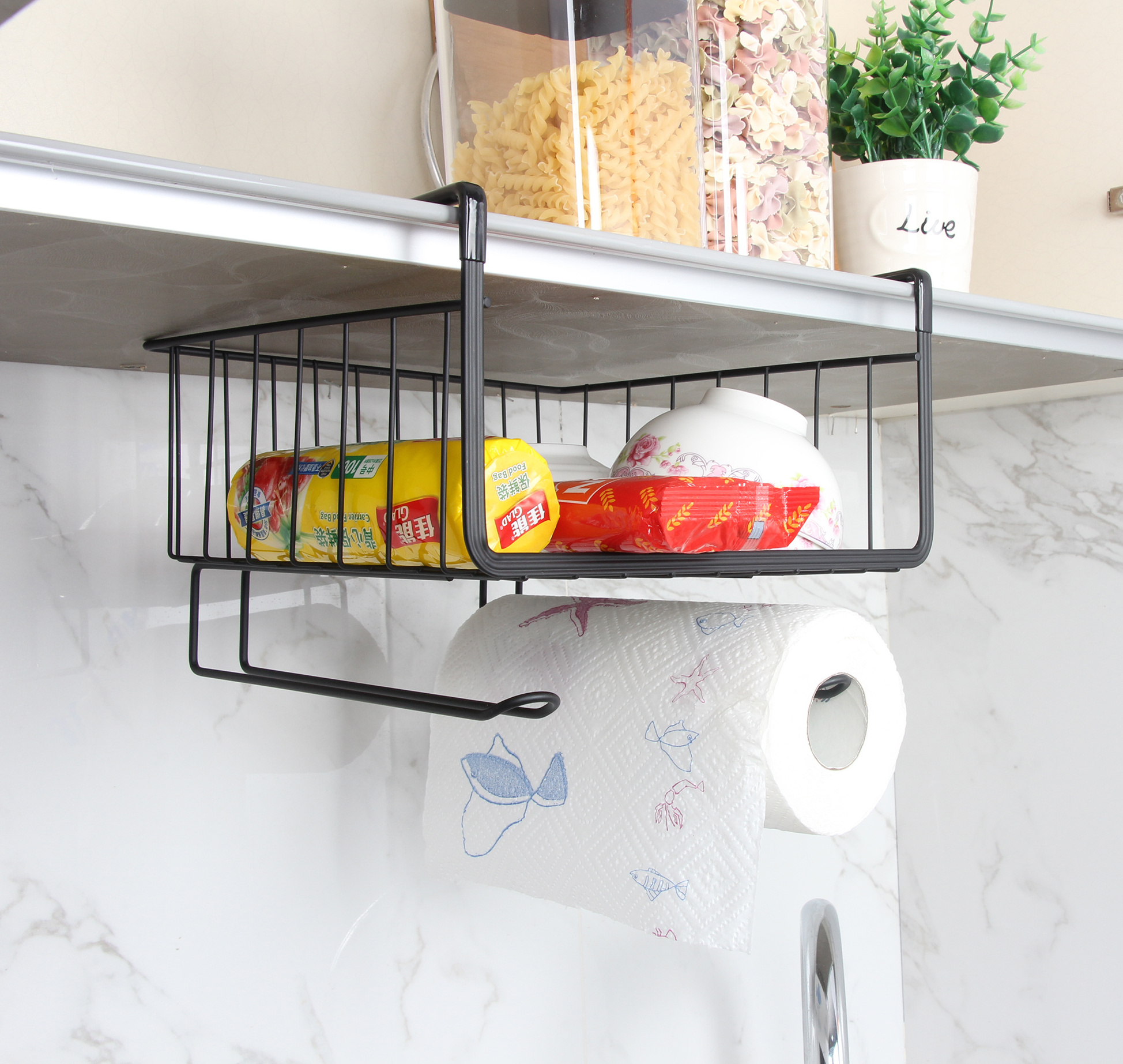 Multifunctional Kitchen Cabinet Wire Storage Baskets Organizer Black Metal Hanging Basket Under Shelf Storage Basket