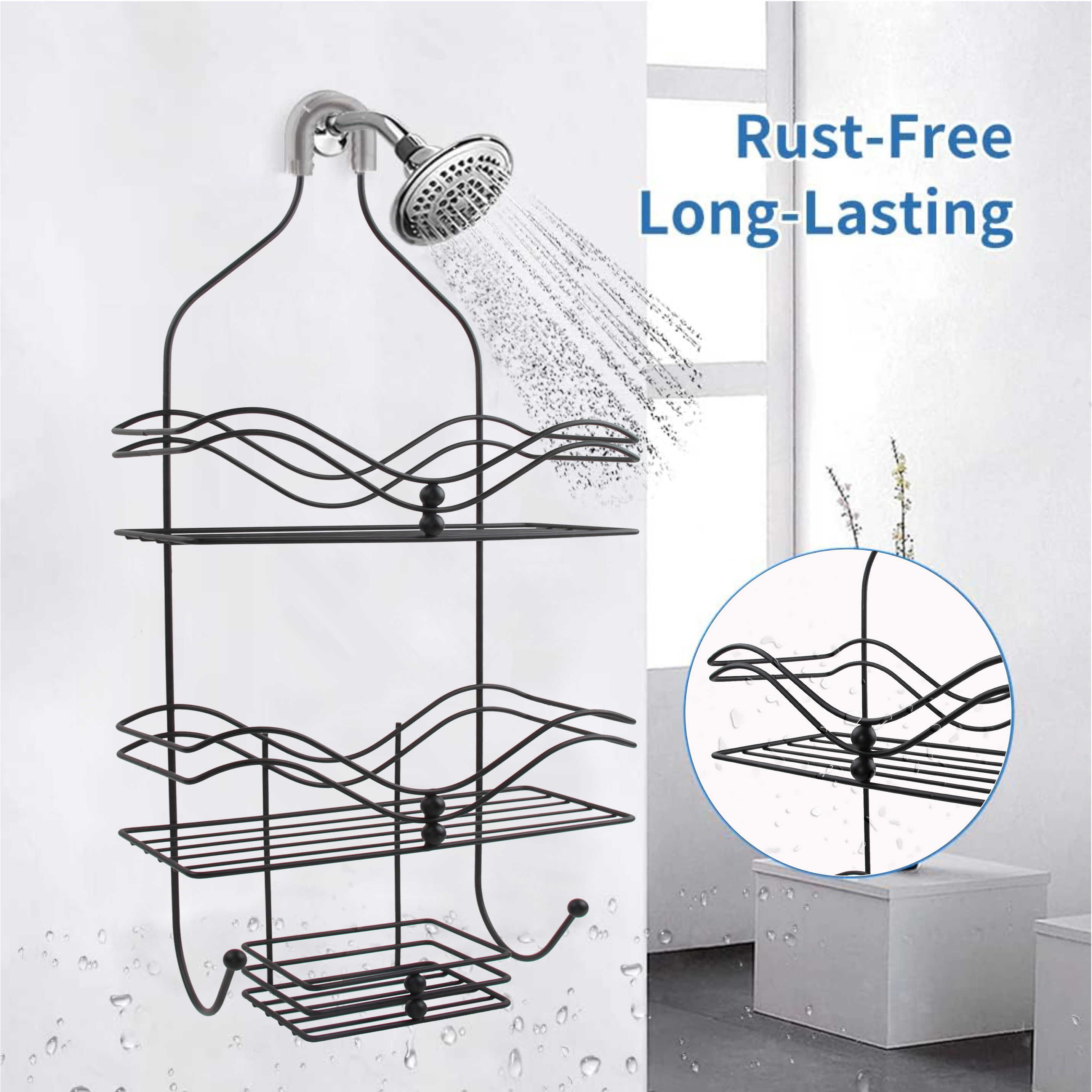 3 Tier Black Wall Mounted Metal Mesh Hanging Bathroom Storage Rack Shelves Shower Caddy