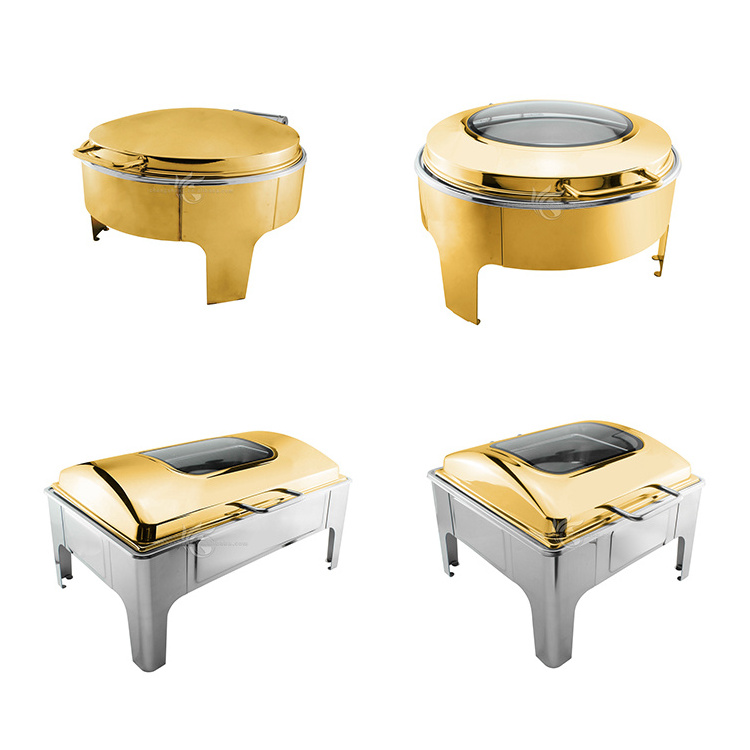 Chafing Dish Buffet Set Stainless Steel Round Chafers and Buffet Warmers Sets for Buffet Catering and Lid in Gold Accent