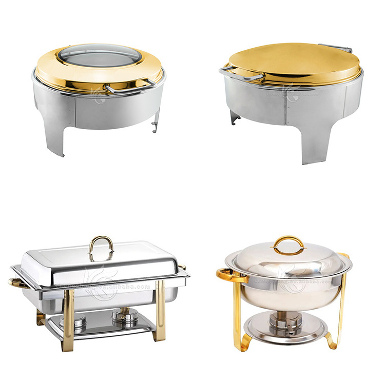 Chafing Dish Buffet Set Stainless Steel Round Chafers and Buffet Warmers Sets for Buffet Catering and Lid in Gold Accent