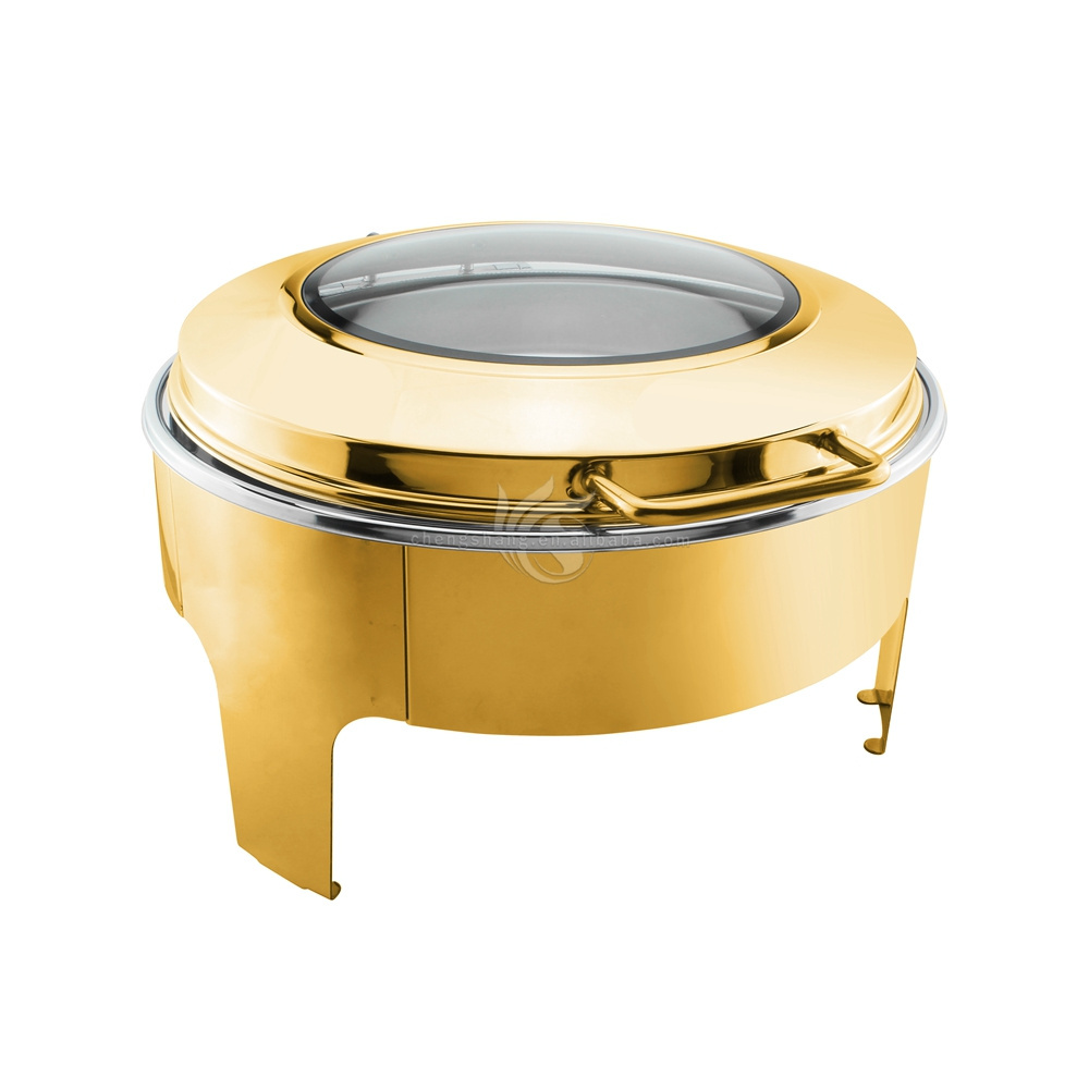 Chafing Dish Buffet Set Stainless Steel Round Chafers and Buffet Warmers Sets for Buffet Catering and Lid in Gold Accent