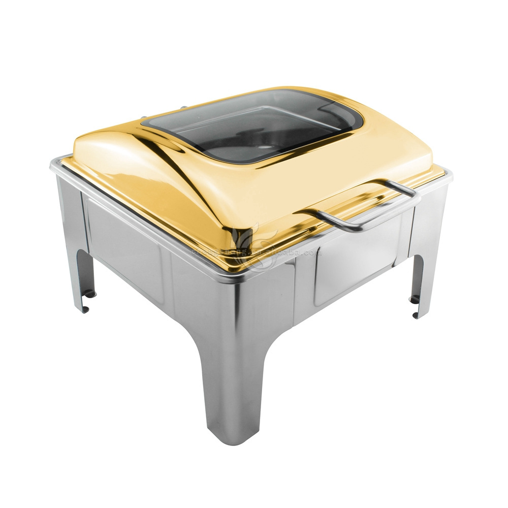 Chafing Dish Buffet Set Stainless Steel Round Chafers and Buffet Warmers Sets for Buffet Catering and Lid in Gold Accent