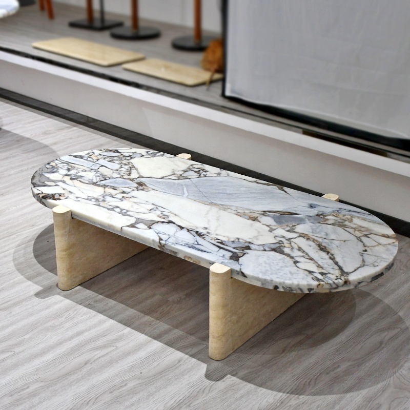 2024 newest modern simple style nesting oval marble solid wood table top travertine wooden coffee table