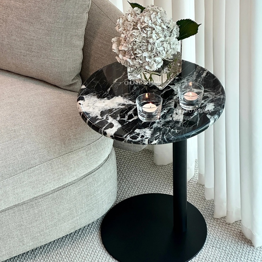 Contemporary style round top design marble end table hotel furniture living room tea table black marble metal iron side table