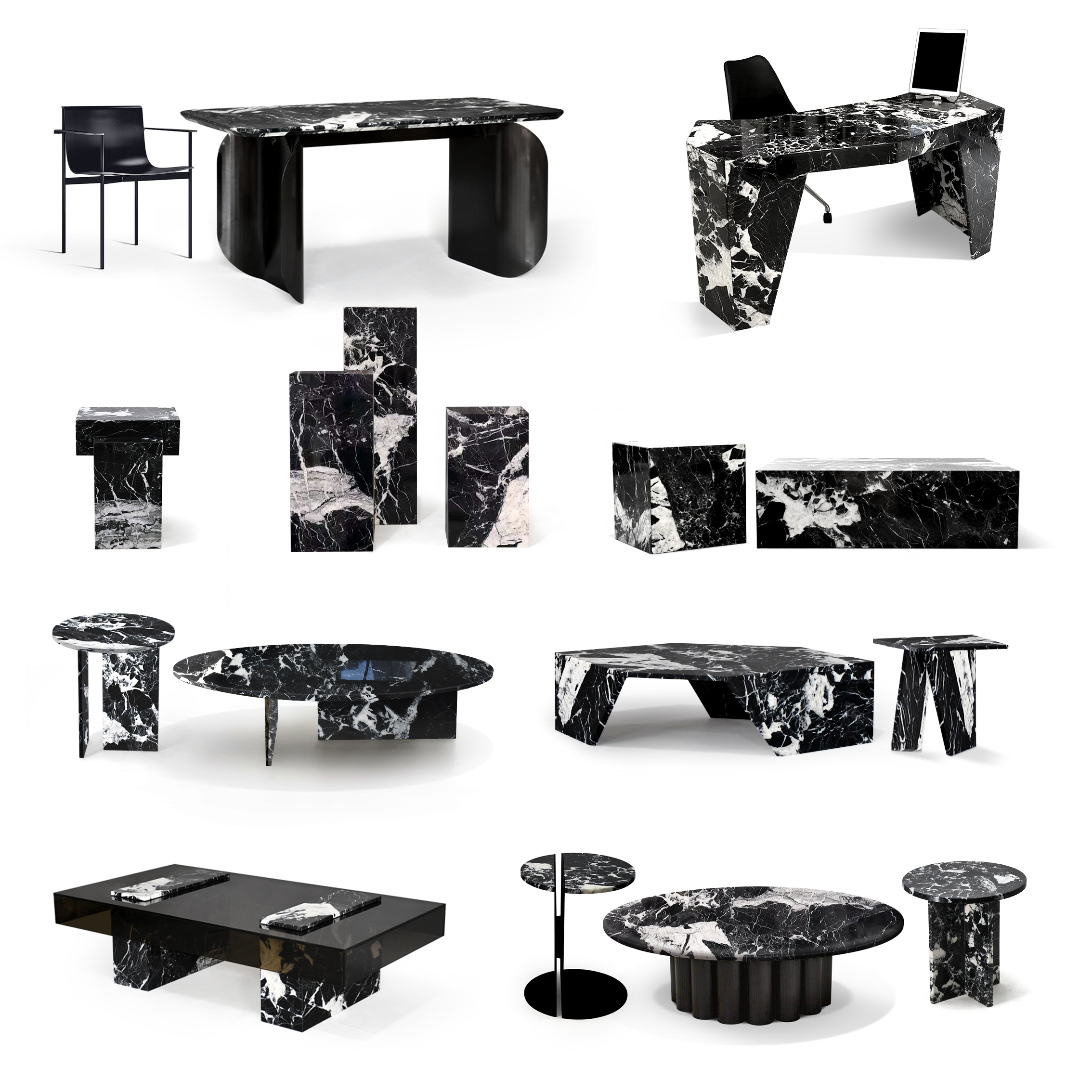 Contemporary style round top design marble end table hotel furniture living room tea table black marble metal iron side table