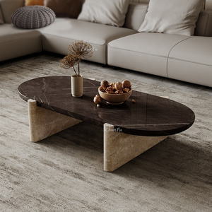 2024 newest modern simple style nesting oval marble solid wood table top travertine wooden coffee table