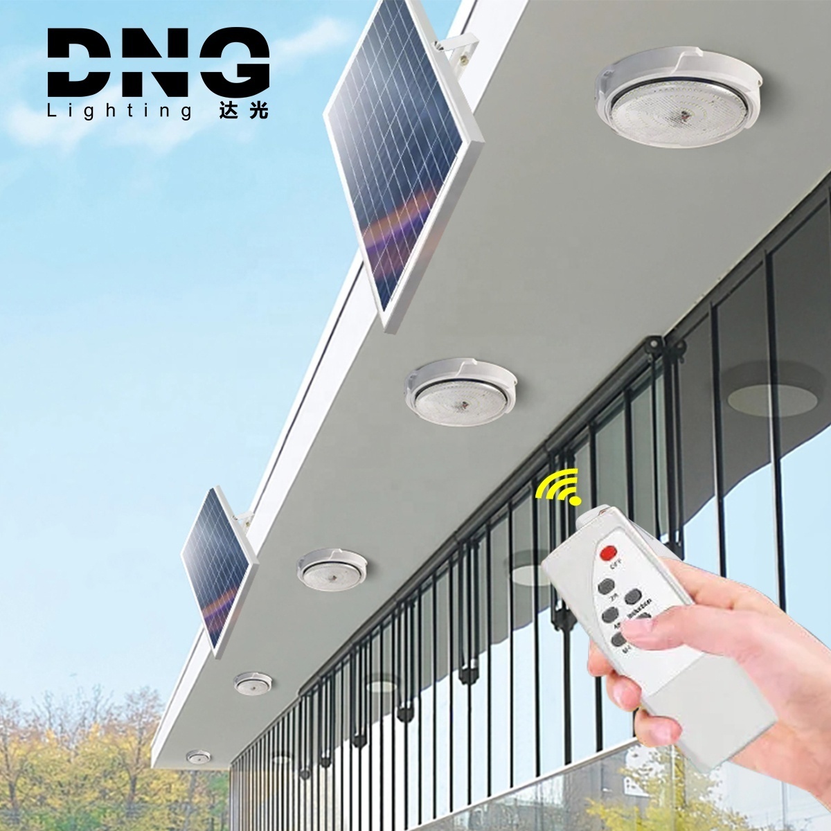 DNG Indoor Outdoor Aluminum LED Solar Pendant Street Balcon Light Intelligent Solar LED Ceiling Light with Remote Control