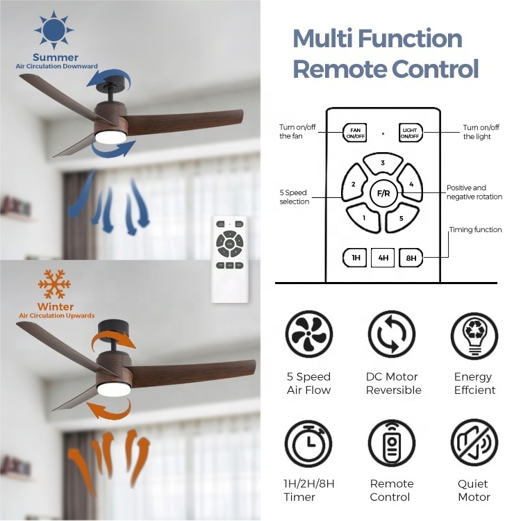 On sale air ventilation 5 speed ceiling fan ac dc 220v 110V 52 inch retro nordic ceiling fan with light