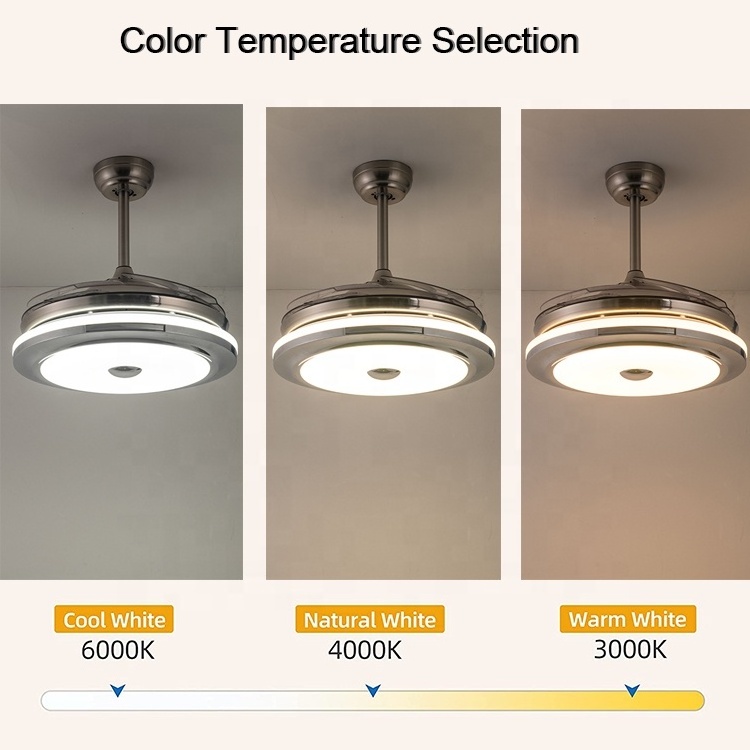 Smart remote 3 tone lights invisible chandelier fan ceiling fan light silver with speaker