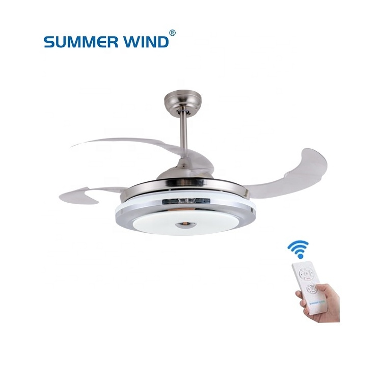 Smart remote 3 tone lights invisible chandelier fan ceiling fan light silver with speaker