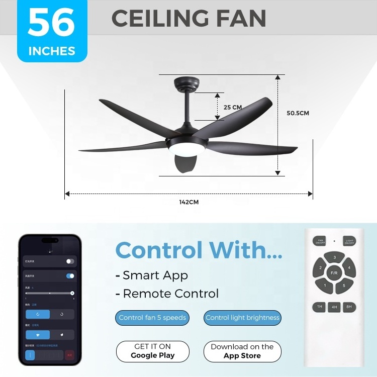 Smart control with 3 colors led source dc motor 5 fan speed bldc led ceiling fan with light