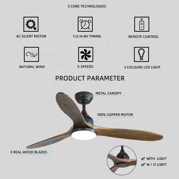 Modern design save energy ac power 3 fan speed 3 real wood ceiling fan wood with light