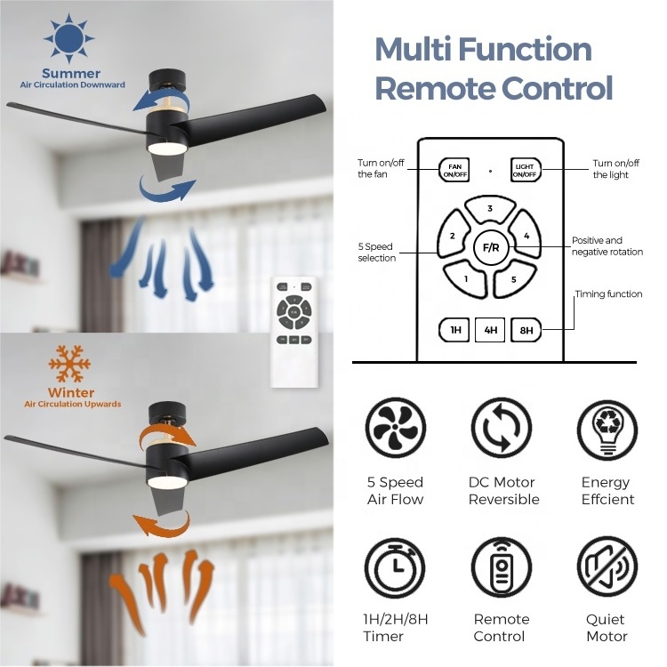 Energy save ceiling fans modern 52 inch silent decorative ac dc ceiling fan with lights and remote