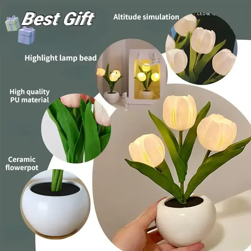 USB Simulation Bouquet Led Tulip Ceramic Mood Lights Lamp Atmosphere Table Lamp for  Restaurant Dormitory