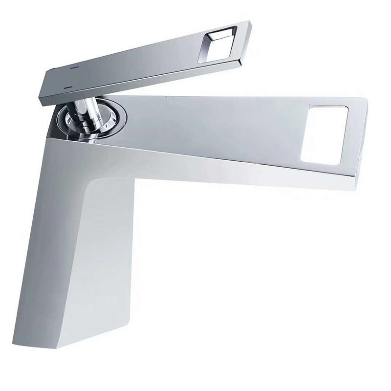 Contemporary ChromePolishe Chrome Brass Hot Cold Single Hole Square Basin Faucet for Bathroom