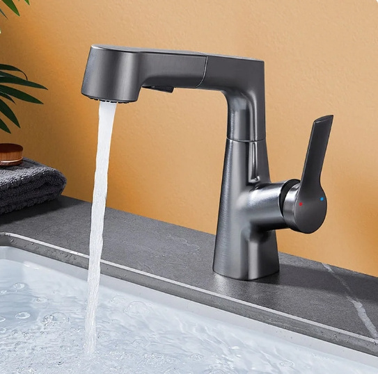 Lifting Bathroom Sink Faucet with Pull Out Sprayer Basin Mixer Tap Pull Down Stainless Steel Sink Faucet Rotating Spout Grey