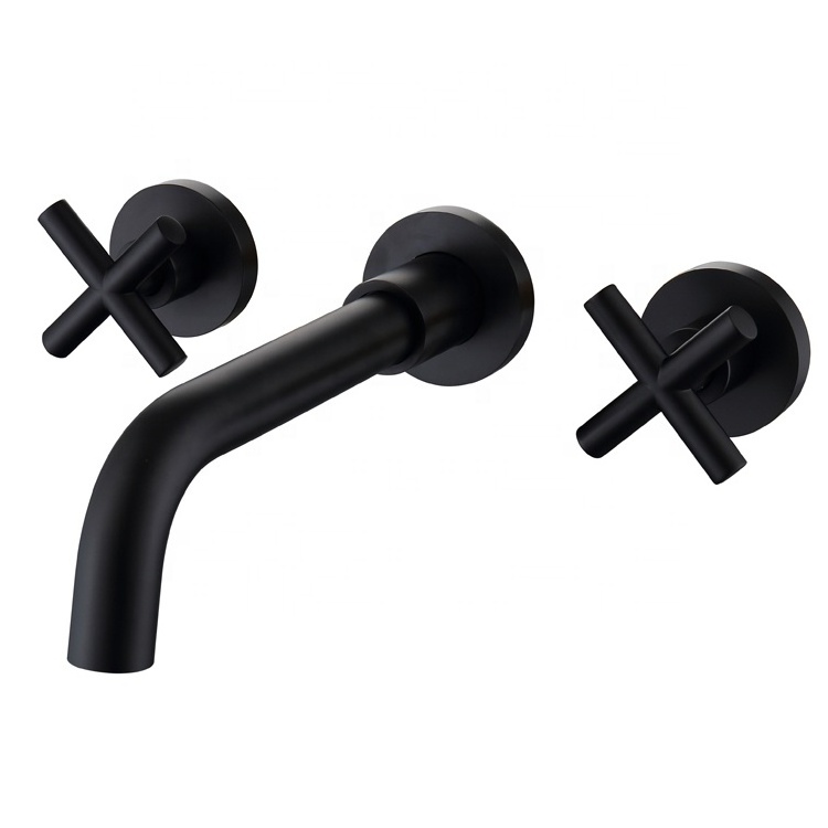 Sanitay Ware Matte Black Double Handles Wall Mounted Kitchen Faucet Single Cold Sink Tap Rotate Spout