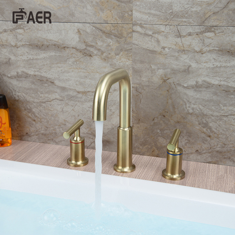 Luxury Gold Brushed 3 Holes Dual Valve Brass Waterfall Bathtub Basin Faucet for Hotel Bathroom