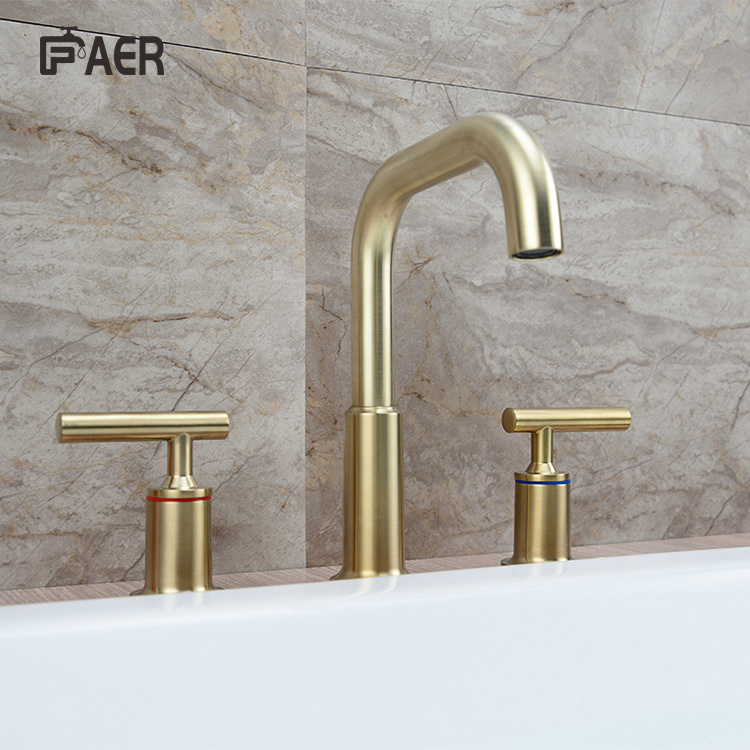 Luxury Gold Brushed 3 Holes Dual Valve Brass Waterfall Bathtub Basin Faucet for Hotel Bathroom