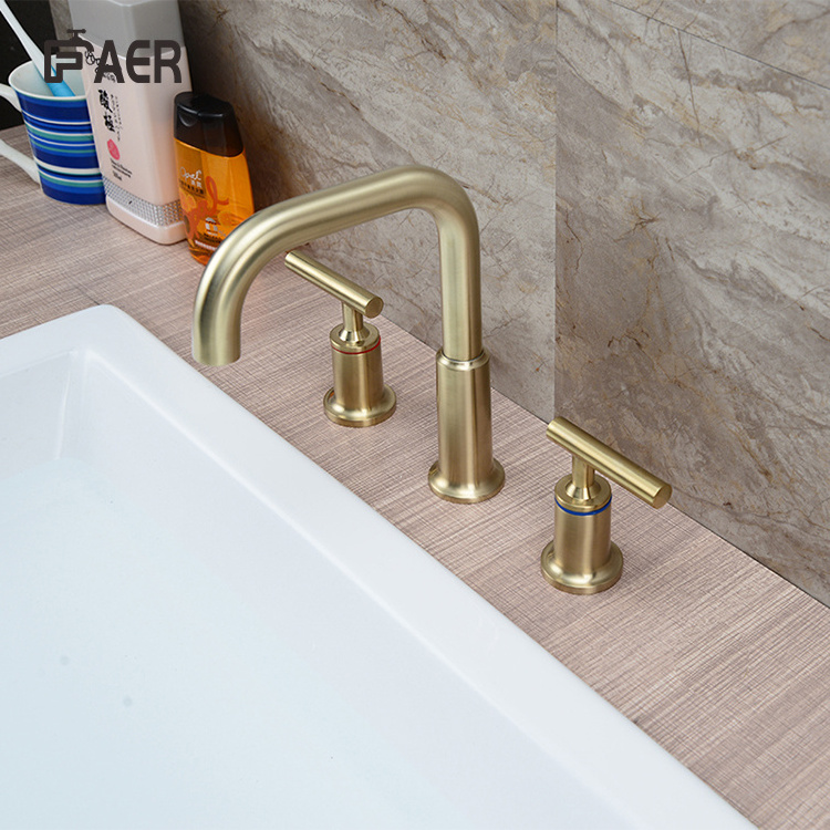 Luxury Gold Brushed 3 Holes Dual Valve Brass Waterfall Bathtub Basin Faucet for Hotel Bathroom